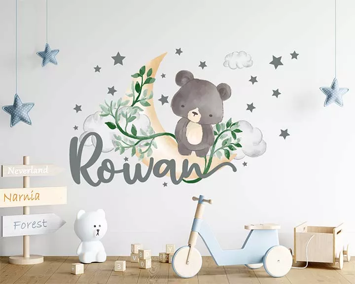 Bear with custom name wall decal, baby room decor, moon and stars vinyl sticker, cute teddy bear on the moon with clouds for kids room decal uaGraphix