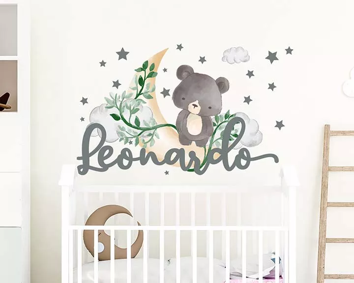 Bear with custom name wall decal, baby room decor, moon and stars vinyl sticker, cute teddy bear on the moon with clouds for kids room decal uaGraphix