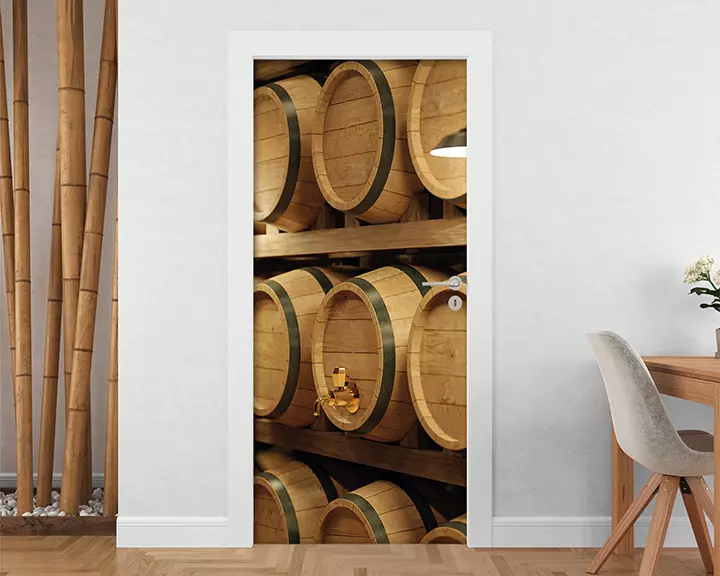 Realistic wooden wine barrels in cellar 3D door decal for home, removable door decal, wooden theme door skin, front door fabric banner in cellar