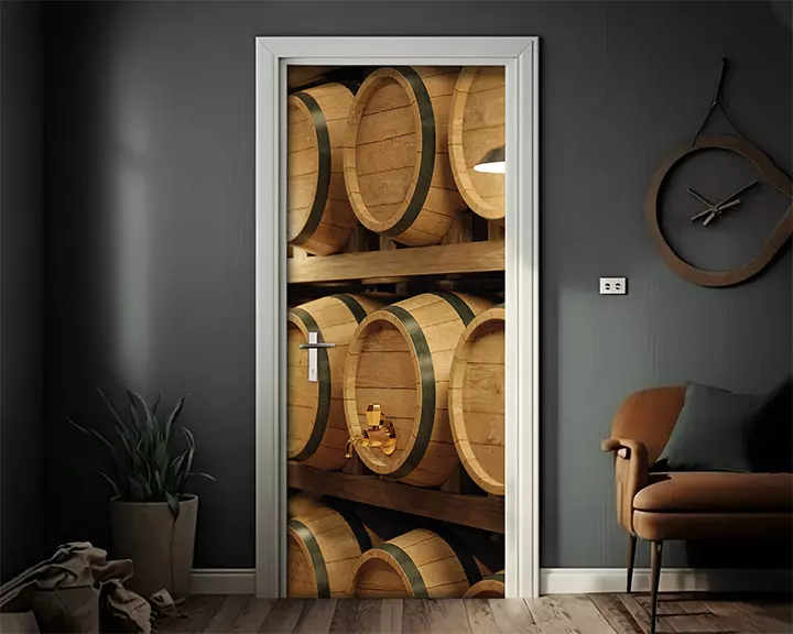 Realistic wooden wine barrels in cellar 3D door decal for home, removable door decal, wooden theme door skin, front door fabric banner in cellar