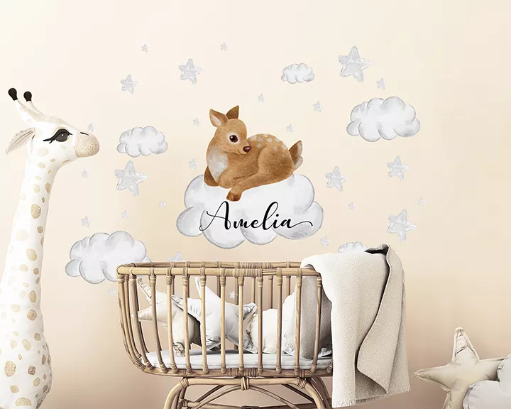 Personalized cute deer on the cloud for baby room decor, woodland animal decal nursery room, custom boy or girl name sticker, watercolor baby deer wall decal for children's room decoration