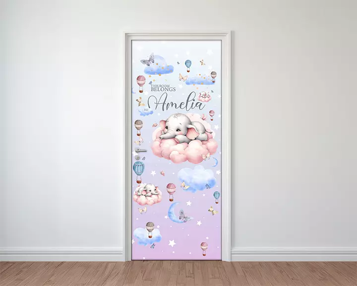 Personalized door vinyl decal for children's room, cute elephant on cloud decal for baby room door, door fabric banner kids room, door skin