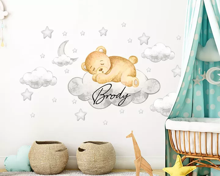 UGX2a Bear on cloud wall decal, custom name sticker, baby room decor, watercolor moon and stars vinyl sticker for baby, teddy bear vinyl sticker