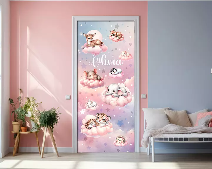 Door decor with custom name for baby room, watercolor animals on the clouds vinyl sticker for door, 3d door mural, entry door fabric banner