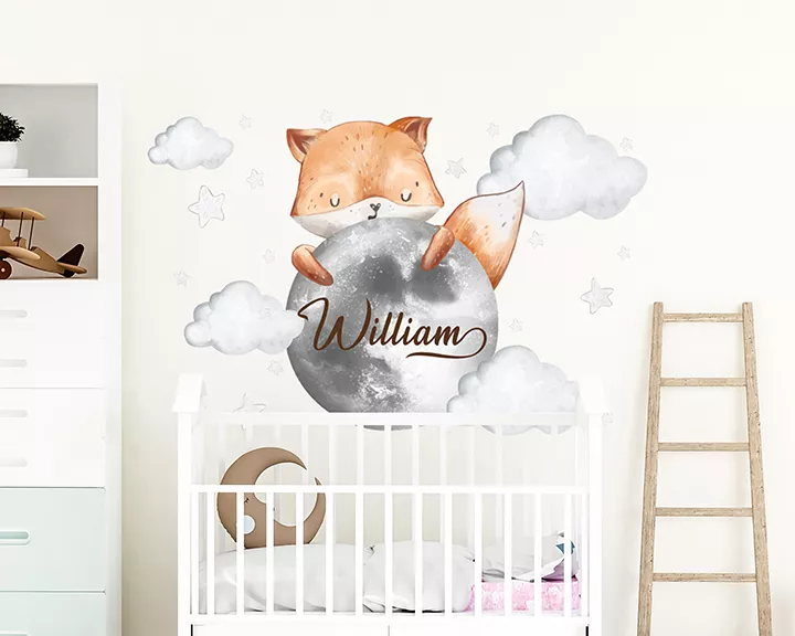 UGX3a Personalized fox wall decal for baby room, baby name sticker, children's room decor, white clouds and stars sticker, forest animal for kids