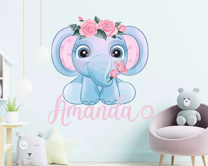 Elephant wall decal, baby room decor, custom name decl, animal decal nursery room, watercolor baby elephant with pink flowers decor for girl