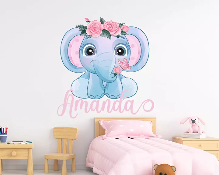 Elephant wall decal, baby room decor, custom name decl, animal decal nursery room, watercolor baby elephant with pink flowers decor for girl
