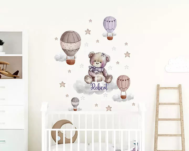 eddy bear on the cloud with custom name wall decal, baby room vinyl sticker, hot air balloons and stars decal kids room, nursery sticker