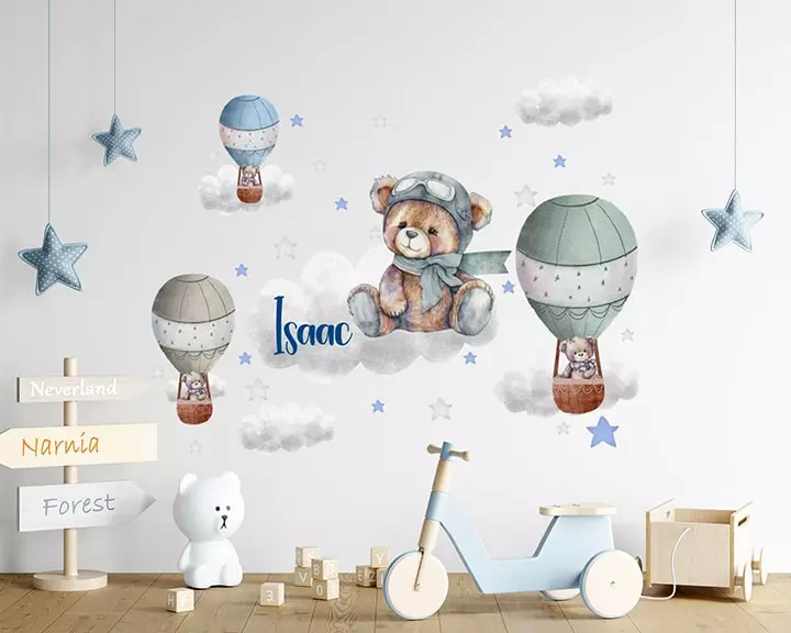 Teddy bear wall decal, boy name decal, baby room decor, hot air balloon with clouds and stars decal nursery room, bear vinyl sticker kids
