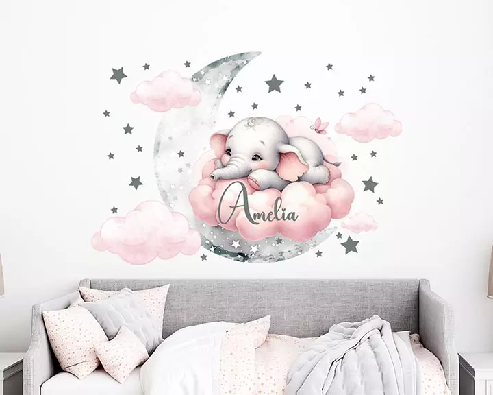 Baby elephant wall decal, baby room decor, custom name wall sticker, pink clouds and stars sticker, watercolor animal decal girl bedroom
