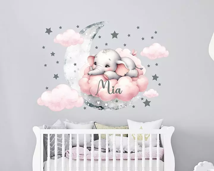 Baby elephant wall decal, baby room decor, custom name wall sticker, pink clouds and stars sticker, watercolor animal decal girl bedroom