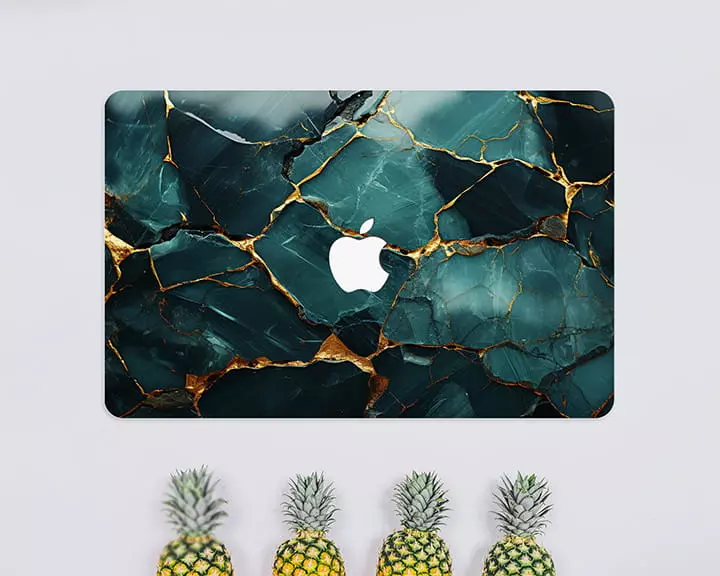Realistic emerald and gold texture marble skin for any laptop, removable macbook case with green marble, vinyl sticker for notebook