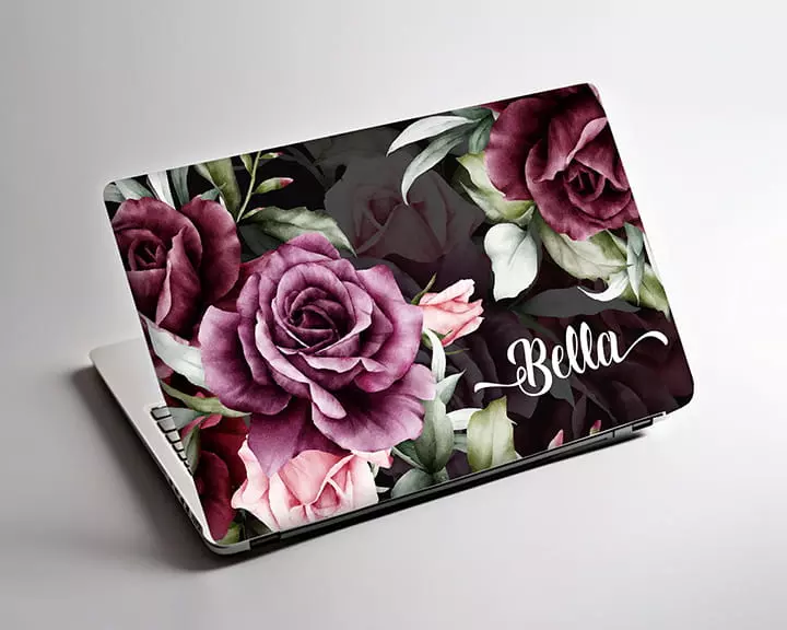 Self-adhesive vinyl laptop cover sticker with personalized name and watercolor peonies in purple-burgundy colors