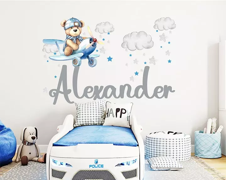 Baby bear wall decal, boy name decal, kids room decor, teddy bear on the airplane decal, children's room decor, clouds and stars vinyl decal