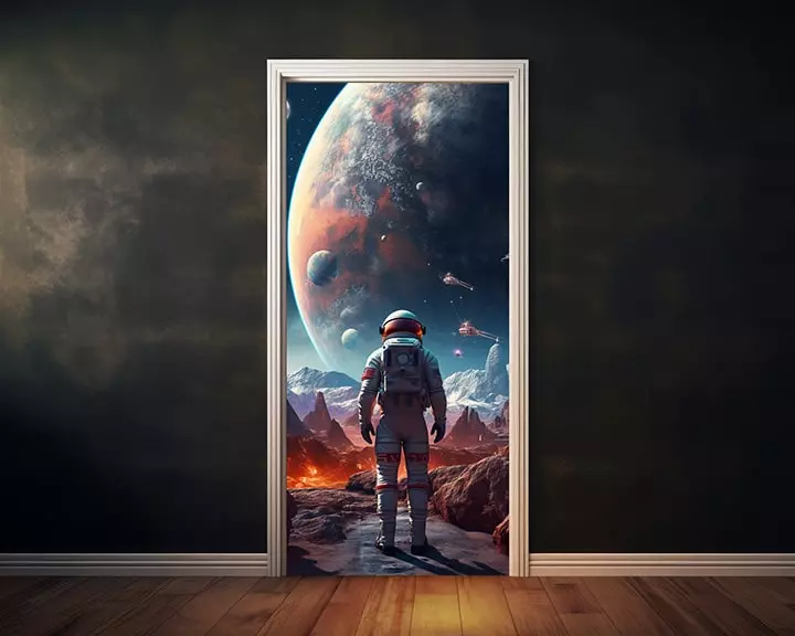 Space 3d door decal, astronaut with planets decal for any door skin, front door banner, space theme door cover for bedroom, door vinyl wrap