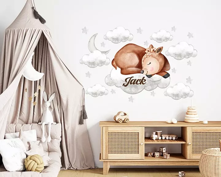 Personalized deer wall decal, kids room decor, clouds and stars vinyl sticker, woodland animal decal, boy room decor, sleeping deer on cloud