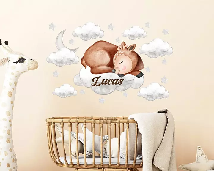 Personalized deer wall decal, kids room decor, clouds and stars vinyl sticker, woodland animal decal, boy room decor, sleeping deer on cloud