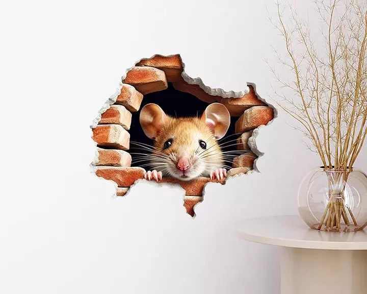 Mouse 3D hole wall decal, baseboard or staircase vinyl decor, cute mouse sticker, housewarming gift, mouse in mousehole decal for home