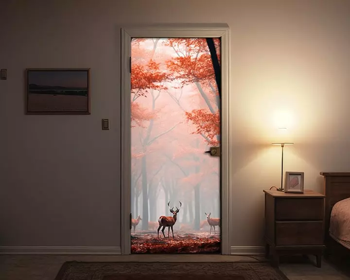 Red forest door decal, door vinyl wrap, woodland theme decor for door, realistic red autumn forest with deer door mural, door fabric banner